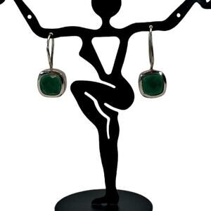 HDS Square Sterling Silver Green Diamond Cut Drop Dangle Earrings